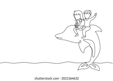Una sola línea dibujando al niño y a la niña montando delfín juntos. Niños sentados en el delfín trasero en la piscina. Niños con delfín nadando en el agua. Vector gráfico de diseño de trazos de línea continua