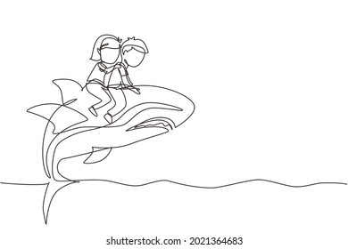 Single one line drawing little boy and girl riding inflatable shark together. Kids sitting on back shark in swimming pool. Shark ocean fish in deep water. Continuous line draw design graphic vector