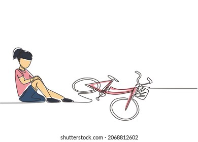 Single one line drawing little girl hurt fallen off the bicycle. Broken bicycle. Kids fallen from bike unhappy children. Bike accident. Modern continuous line draw design graphic vector illustration