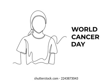 Single one line drawing little girl cover her head with hat or headscarf. World cancer day concept. Continuous line draw design graphic vector illustration.