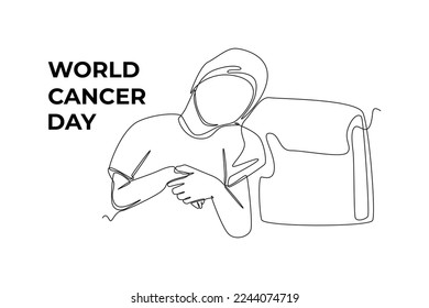 Single one line drawing little girl with hat or headscarf lie down on couch. World cancer day concept. Continuous line draw design graphic vector illustration.