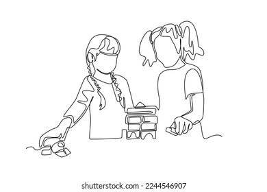 Single one line drawing little girl assembling a jigsaw puzzle together. Team work concept. Continuous line draw design graphic vector illustration.