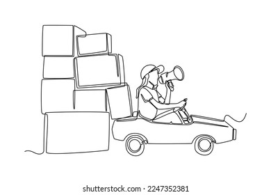 Single one line drawing Little girl playing as a driver and brought the delivery of the box to the client with megaphone. Cargo Concept. Continuous line draw design graphic vector illustration.