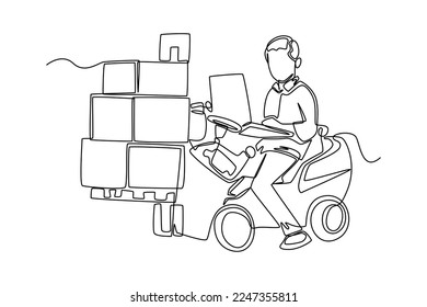 Single one line drawing little boy driving a forklift to moving boxes in the warehouse. Cargo Concept. Continuous line draw design graphic vector illustration.