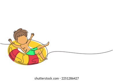 Single one line drawing little boy floating with lifebuoy with relax poses wearing beach and swimming attires. Kids feeling happy while using tire buoy. Continuous line draw design graphic vector