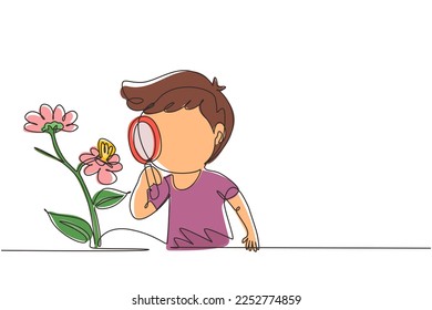 Una sola línea dibujando a un niño con lupa y observando mariposa en la hoja. Niños observando la naturaleza. Actividades infantiles. Ilustración de líneas continuas moderna de diseño gráfico vectorial