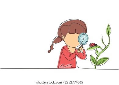 Single one line drawing little girl using magnifying glass and observing ladybug on leaf. Children observing nature. Kids activities. Modern continuous line draw design graphic vector illustration