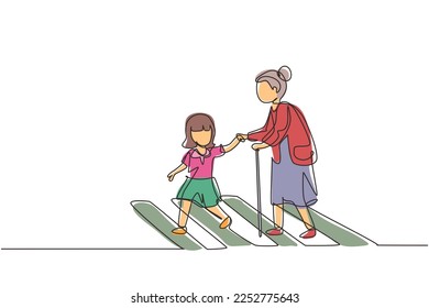 Single one line drawing little girl helps old woman to cross road at pedestrian crossing. Help grandmother crosswalk. Safety traffic. Modern continuous line draw design graphic vector illustration