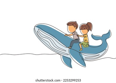 Una sola línea dibujando a un niño y una niña montando ballena azul juntos. Niños sentados en la parte trasera de la ballena. Niños alegres detrás de una gran ballena azul. Moderno diseño de traza continua de línea vector gráfico