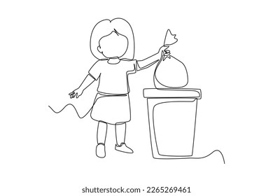 Single one line drawing little kid throw trash to trash bin. Healthcare at school concept. Continuous line draw design graphic vector illustration.