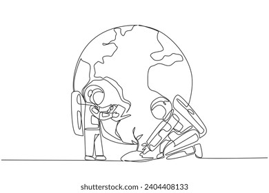 Single one line drawing little astronaut standing watering the plants. A special lesson to love the earth. Teach from an early age. Cosmonaut save planet. Continuous line design graphic illustration