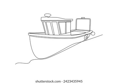 Single one line drawing little sailing ship, boat, sailboat, flat style. Sailing ship, sailboat with white sails. Continuous line draw design graphic vector illustration