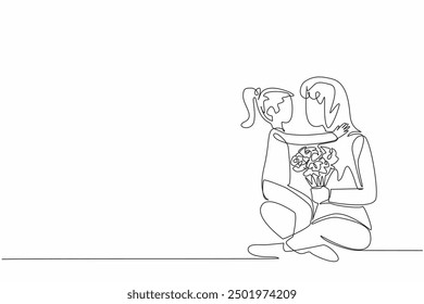 Single one line drawing a little girl holding a pile of roses while hugging her mother. Expressing gratitude to the beloved mommy. Affection. Mother's Day. Continuous line design graphic illustration