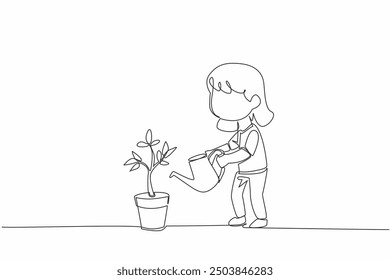 Una sola línea dibujando a una niña que riega una olla de plantas con flores. Cultiva un sentido de preocupación por la tierra. Ecologización. Día Nacional de la Planta de Flores. Ilustración gráfica de diseño de línea continua