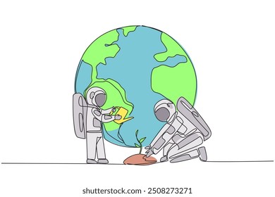 Single one line drawing little astronaut standing watering the plants. A special lesson to love the earth. Teach from an early age. Cosmonaut save planet. Continuous line design graphic illustration