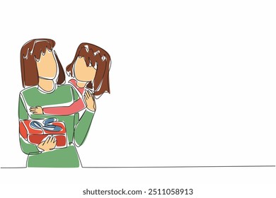 Einzeilige Zeichnung ein kleines Mädchen umarmt ihre Mutter von hinten geben ihr ein Geschenk-Box. Gib ein hausgemachtes Geschenk. Ein Ausdruck unendlicher Liebe. Muttertag. Grafische Illustration zum Liniendesign