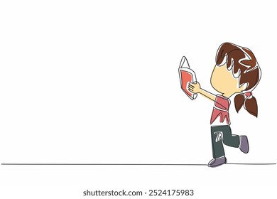 Single one line drawing little girl standing while reading a book. Practicing what is read. Full of joy and lots of funny expressions. World Read Aloud Day. Continuous line design graphic illustration