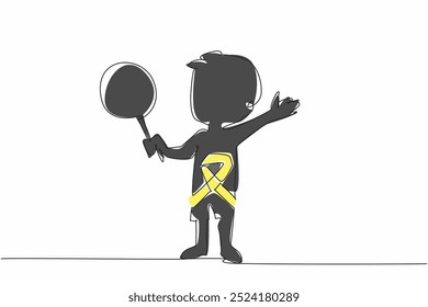 Single one line drawing a little boy holding lollipop stands with arms outstretched. Innocence. Imagination. Survivor. International Childhood Cancer Day. Continuous line design graphic illustration