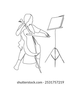 Uma única linha desenhando a pequena artista menina tocando no contrabaixo. Menina violoncelista tocando violoncelo, músico tocando instrumento de música clássica.  Vetor feito à mão não AI.