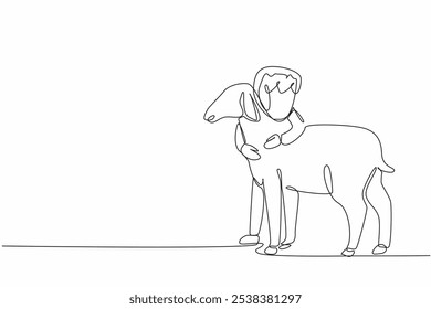 Single one line drawing the little girl hugging sheep. Sold out. Not willing to let go. Nurtured from childhood. Little farmer. National Farm Animals Day. Continuous line design graphic illustration