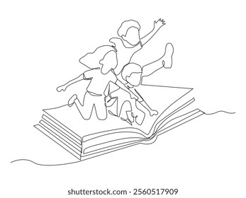 Single one line drawing little boy and girl student or preschooler flying on magic book, Continuous line draw design graphic vector illustration.