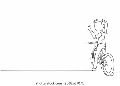 Single one line drawing the little girl sitting on bike looking back with thumbs up gesture. Gain knowledge and health. Biker. National Bike to School Day. Continuous line design graphic illustration