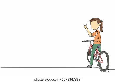 Single one line drawing the little girl sitting on bike looking back with thumbs up gesture. Gain knowledge and health. Biker. National Bike to School Day. Continuous line design graphic illustration