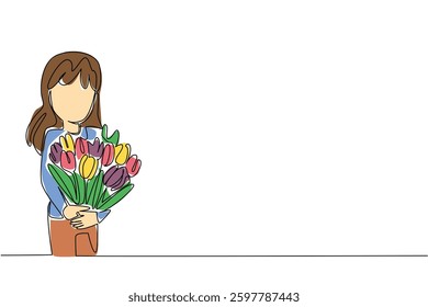 Single one line drawing a little girls wearing tshirts hugging colorful arrangements of tulips. Flowers for the beloved mother. Care. Love. Tulip Day. Continuous line design graphic illustration