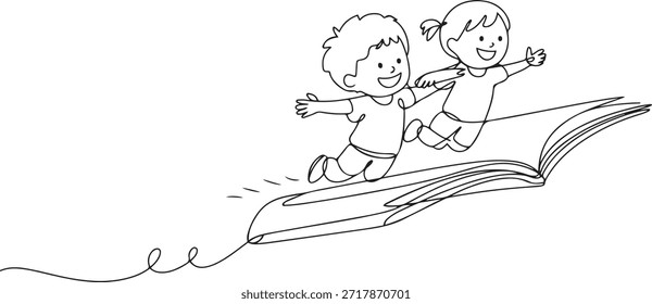 Una sola línea dibujando a un niño pequeño y una niña estudiante o preescolar volando en un libro de magia. Niños felices volando en el libro. Concepto de poder de conocimiento. dibujo de icono de una línea
