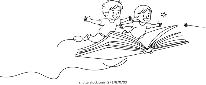 Una sola línea dibujando a un niño pequeño y una niña estudiante o preescolar volando en un libro de magia. Niños felices volando en el libro. Concepto de poder de conocimiento. dibujo de icono de una línea
