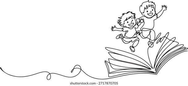Una sola línea dibujando a un niño pequeño y una niña estudiante o preescolar volando en un libro de magia. Niños felices volando en el libro. Concepto de poder de conocimiento. dibujo de icono de una línea
