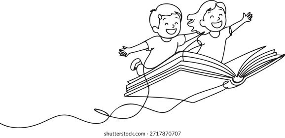 Una sola línea dibujando a un niño pequeño y una niña estudiante o preescolar volando en un libro de magia. Niños felices volando en el libro. Concepto de poder de conocimiento. dibujo de icono de una línea
