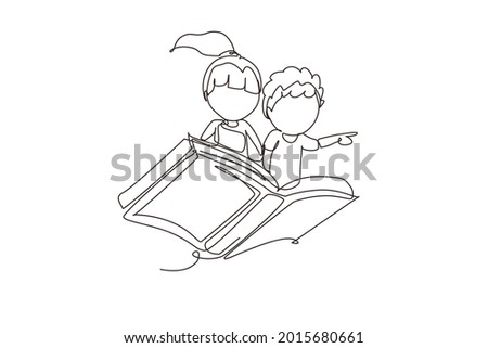 Single one line drawing little boy and girl student or preschooler flying on magic book. Happy kids flying on the book. Knowledge power concept. Continuous line draw design graphic vector illustration