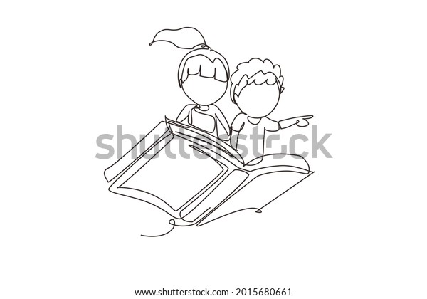 Single one line drawing little boy and girl
student or preschooler flying on magic book. Happy kids flying on
the book. Knowledge power concept. Continuous line draw design
graphic vector
illustration