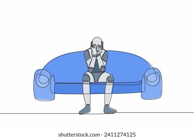 Einzeilige Zeichnung eines einsamen Roboters auf der Couch. Holt seinen Kopf. Fehlerkonzept. Roboterkünstliche Intelligenz. Technologieindustrie. Grafische Vektorgrafik für kontinuierliche Zeilenzeichnung