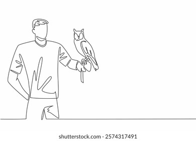 Single one line drawing long eared owl perched on hand of man. Holds in safe way. Has a uniqueness in its ears. Meet at the wildlife park. Man Holding Bird. Continuous line design graphic illustration