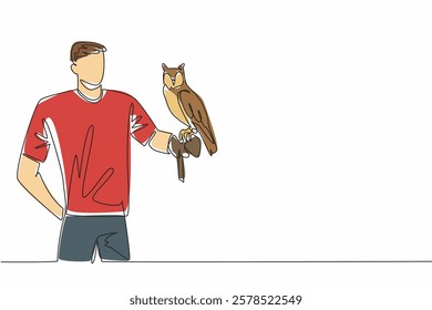 Single one line drawing long eared owl perched on hand of man. Holds in safe way. Has a uniqueness in its ears. Meet at the wildlife park. Man Holding Bird. Continuous line design graphic illustration