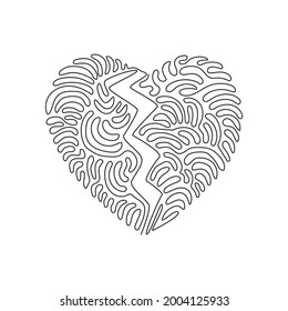 Single One Line Drawing Love Shape Broken In Two. Emoji Of Heartbreak, Broken Heart, Divorce Icon Or Symbol. Swirl Curl Style Concept. Modern Continuous Line Draw Design Graphic Vector Illustration