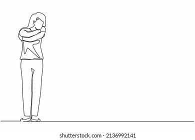 Single one line drawing love yourself. Young woman hugging oneself, happy, positive, smiling. Beautiful woman hugging oneself happy. Self love and self care. Continuous line draw graphic design vector