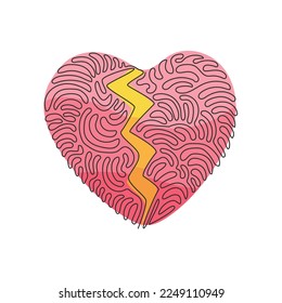Single one line drawing love shape broken in two. Emoji of heartbreak, broken heart, divorce icon or symbol. Swirl curl style concept. Modern continuous line draw design graphic vector illustration