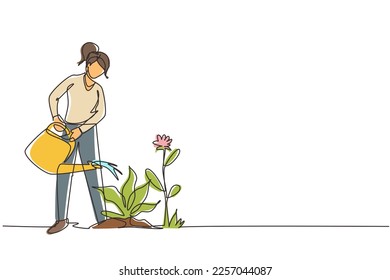 Una sola línea dibujando a una encantadora joven o jardinero cuidando de su huerto, regando plantas de hogar que crecen en invernadero con latas de agua. Ilustración gráfica de diseño de trazos de línea continua