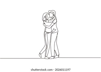 Single one line drawing loving couple kissing and hugging. Couple lovers kissing and holding hands. Happy man and woman celebrating wedding anniversary. Continuous line draw design graphic vector