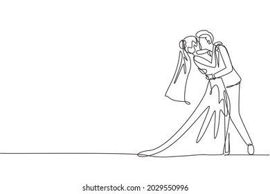 Single one line drawing loving married couple kissing and hugging. Young romantic couple lovers kissing. Happy man and woman prepare for wedding party. Continuous line draw design graphic vector