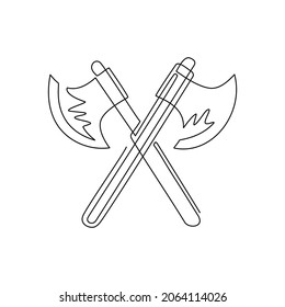 Single one line drawing lumberjack axes crossed icon. Crossed axes isolated on white background. Design element for logo, label, emblem, sign, poster. Modern continuous line draw vector illustration