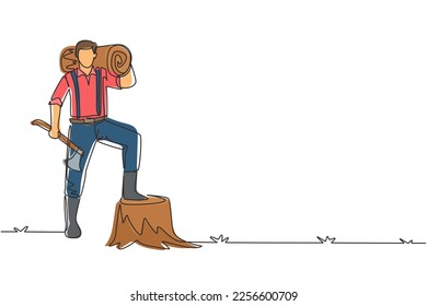 Single one line drawing lumberjack or woodcutter holding timber and axe. Wooden materials manufacturing, standing with axe, posing with one foot on tree stump. Continuous line draw design illustration