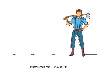 Single one line drawing lumberjack pose on the logging forest. Lumberjack with axe and downed log, standing wearing shirt, jeans and boots. Continuous line draw design graphic vector illustration