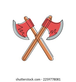 Single one line drawing lumberjack axes crossed icon. Crossed axes isolated on white background. Design element for logo, label, emblem, sign, poster. Modern continuous line draw vector illustration