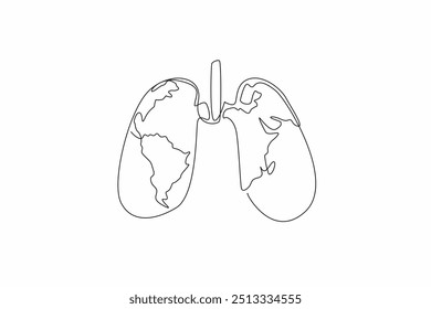 Single one line drawing lungs with a world map in the middle. Awareness must be raised in the world community. Maintain lung health. World Tuberculosis Day. Continuous line design graphic illustration