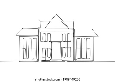 Single one line drawing of luxury elementary school building exterior. Back to school minimalist, education concept. Continuous simple line draw style design graphic vector illustration