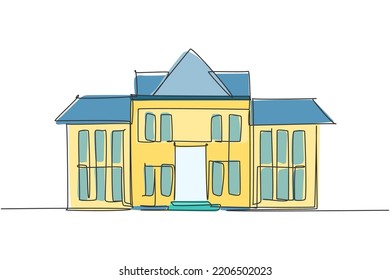 Single one line drawing of luxury elementary school building exterior. Back to school minimalist, education concept. Continuous simple line draw style design graphic vector illustration